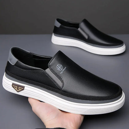 New 2025 Men's Genuine Leather Casual Sneakers Spring Summer Fashion Slip-On White Shoes Soft Sole Comfortable for Everyday Wear.