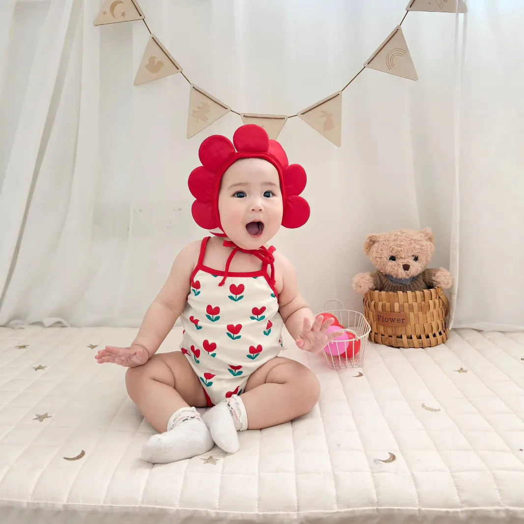 Baby Ein Stück Kleidung 2025, Sommer Koreanische Baby Body Ins Blume Voll Gedruckt Baby Sling Klettern Kleidung Mit Hut.