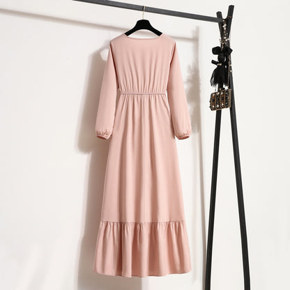 Frühling Herbst Mode weibliche Vestidos solide volle Ärmel O-Ausschnitt lässig Chiffon Kleid Frauen muslimischen langen Kleid Maxi kleider.