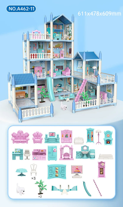 Girls Toddler Doll House - Large Doll House with 4 Dolls, Furniture, Accessories, LED Lights, 4 Stories Princess Dream House Toy.