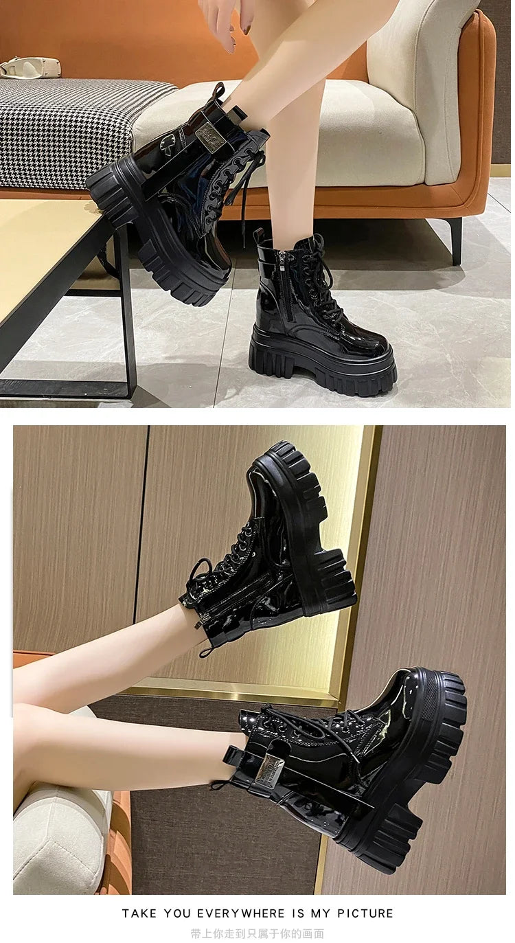 Women's High Platform Motorcycles Boots Winter 10CM Wedge Heels Warm Ankle Boots Chunky Sneakers New Autumn Leather Shoes Woman.