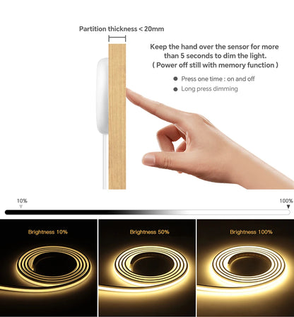 Neon Cob Self-adhesive LED Strip Touch Sensor Light AC110/220V TO DC 24V Silicone Tube Dimmable Neon Tape for Under Cabinet Lamp.