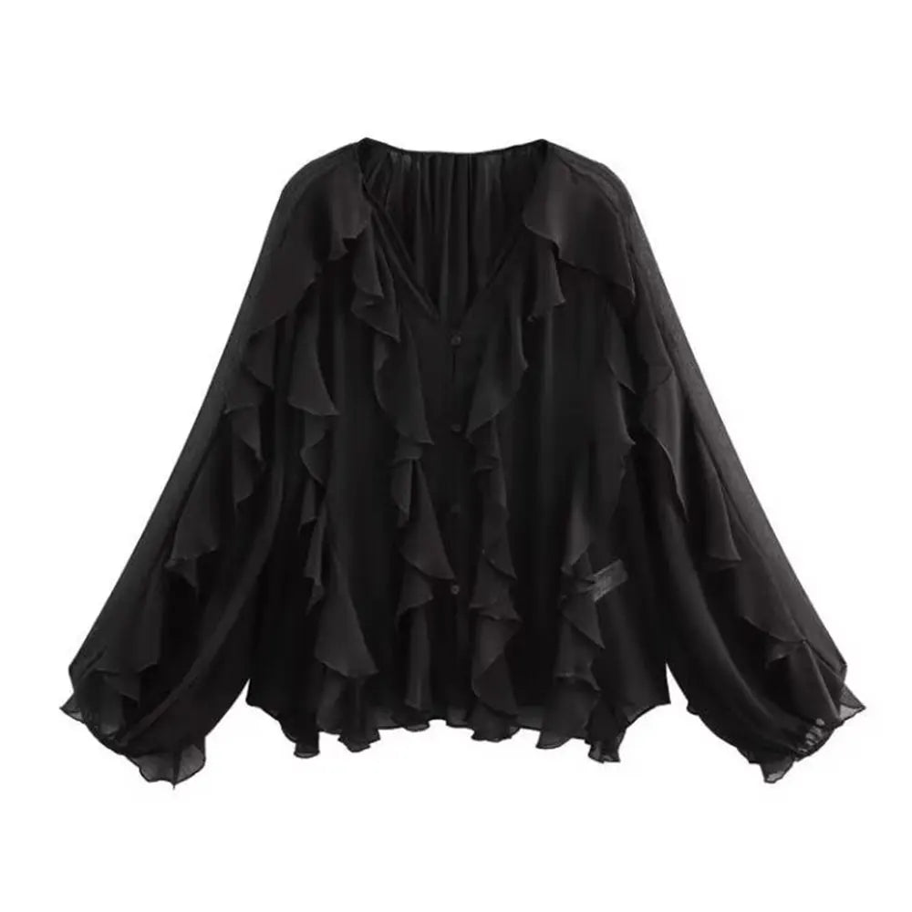 Women Fashion With Ruffles Semi-sheer Blouses V Neck Long Sleeve Button-up Female Shirts Chic Tops