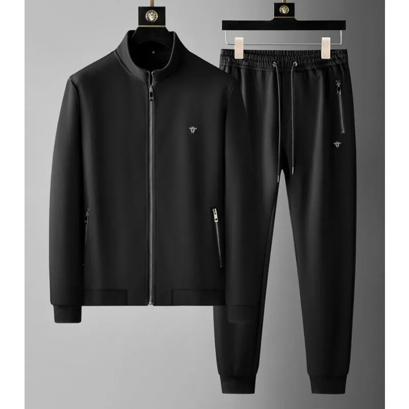 Minglu Spring Autumn Men's Sets Luxury Bee Printed Zipper Sweatshirt Solid Color Leisure Sports Elastic Wasit Pants Man Suits.