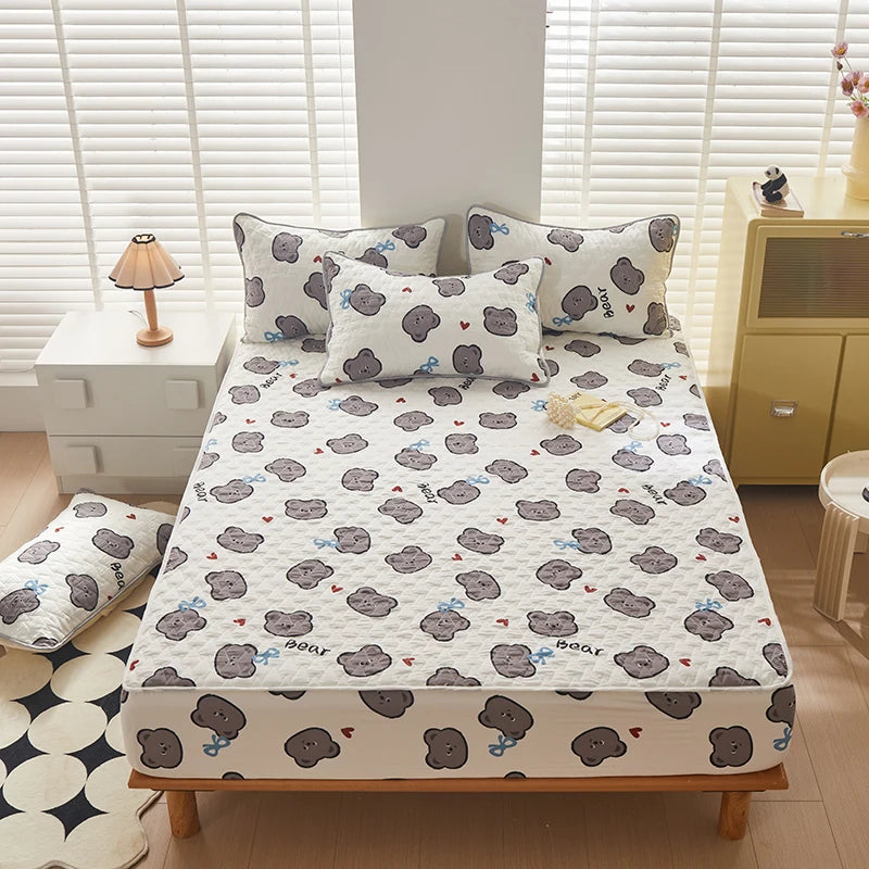 Floral Fitted Sheet Queen Size Bed Cover Thicken Bedsheet Quilted Mattress Protector tampa de colchão (Pillowcase Need Order).