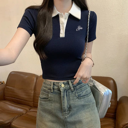 Original Quality Short Sleeve Polo Neck T-Shirt Women's Slim Fit Waist Cinched Sexy Design Casual Sweet Style Polyester Fabric.