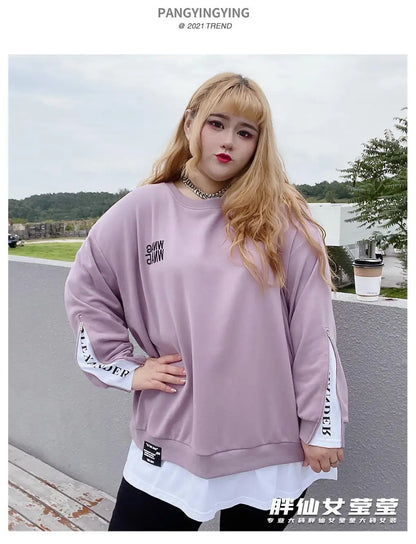 Frühling Herbst Neue Koreanische Mode Zwei Gefälschte Stücke Plus Größe Sweatshirt Frauen Brief Patchwork Casual Dame Tops Übergroße Kleidung.