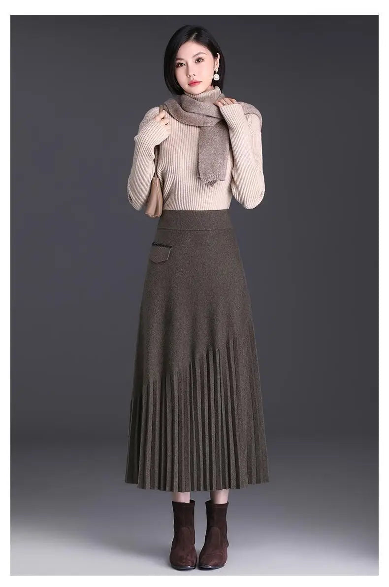Temperament Autumn Winter New Skirts Women Solid High Waist Pleated Fashion Office Lady A-line Mid-length Knitting Pleated Skirt.