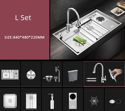 Large Size Nano Meter Cup Rinser Stepped Kitchen Sink 304 Stainless Steel 4mm Thickness Handmade Sinks With Knife Holder