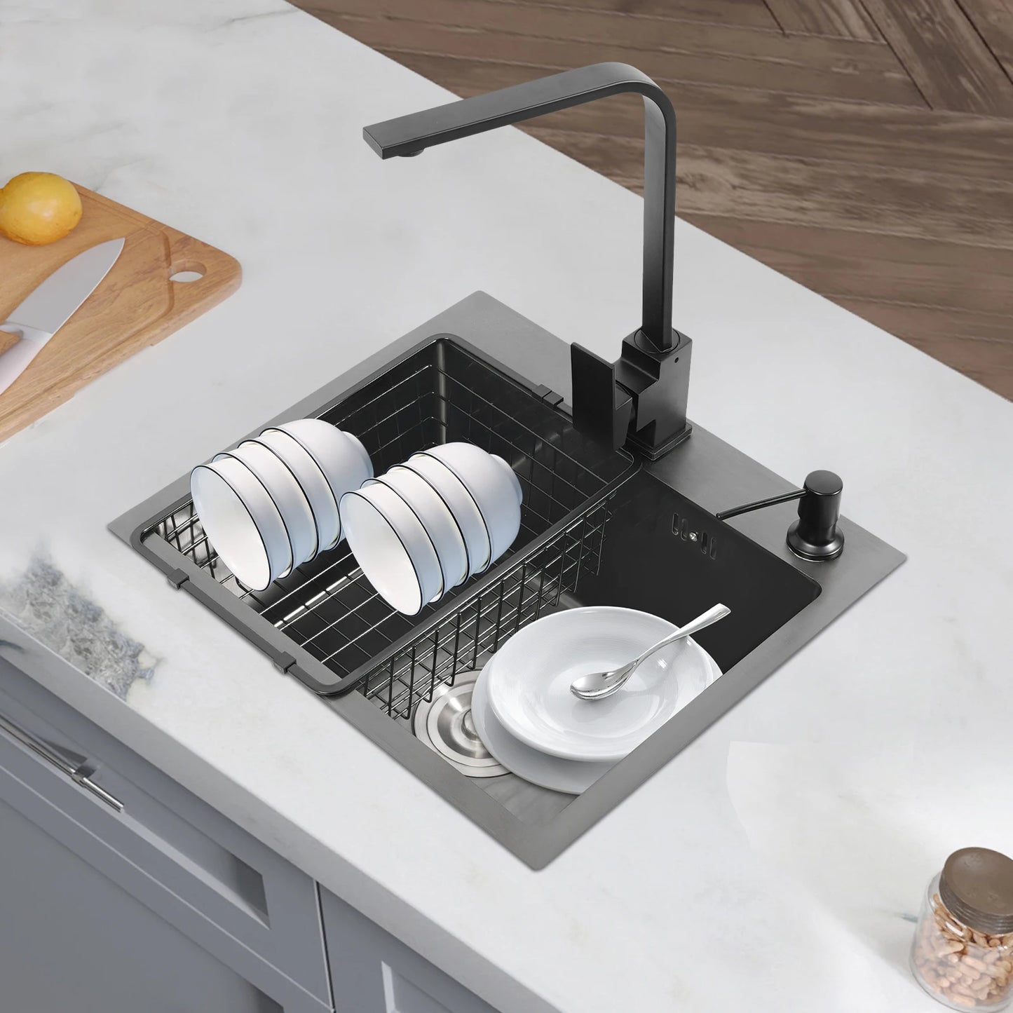 Schwarzes Küchenspülbecken-Set, Spüle aus Edelstahl 30 mit großem Fassungsvermögen und drehbarem Wasserhahn, Keramik-Ventilkern, geruchsfestes Spülbecken