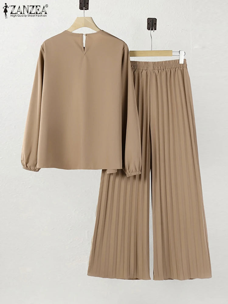 ZANZEA Muslim Sets Fashion 2pcs Women Long Sleeve Blouse Wide Leg Pant Sets Causal Spring Solid Work Outfits Islamic Clothing.