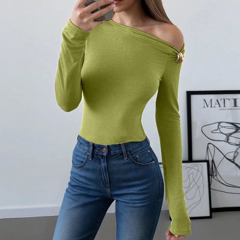 Blifanbo Oblique Shoulder Long Sleeve Tops For Women Metal Buckle Slim Fit Sexy Solid Color Bodycon Fashion BasicTop Streetwear