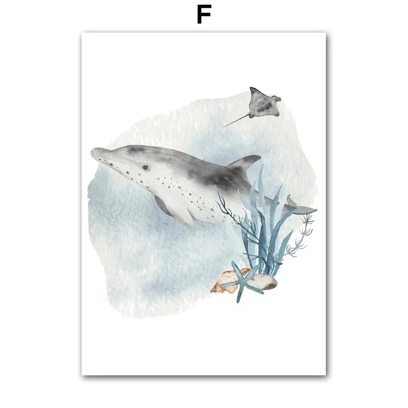 Posters And Prints Whale Fish Shark Octopus Turtle Sea Animals Nursery Wall Art Canvas Painting Pictures Baby Kids Room Decor.
