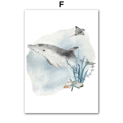 Posters And Prints Whale Fish Shark Octopus Turtle Sea Animals Nursery Wall Art Canvas Painting Pictures Baby Kids Room Decor.