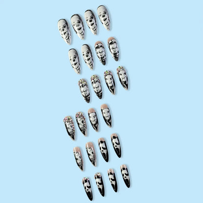 24Pcs Glossy Long Almond Halloween Press On Nails Black And White Horror Style Fake Nails With Rhinestone Reusable False Nails.
