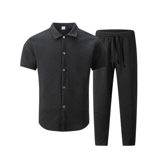 A fashionable and trendy two-piece short-sleeved shirtwithlong pants is perfect for men's daily casual wear in spring and autumn.