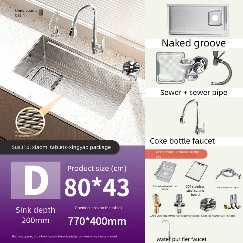 316L Stainless Steels Kitchen Sink Scratch and Grease Resistant Large Single Slot Household Left Right Mount Undermount Basin
