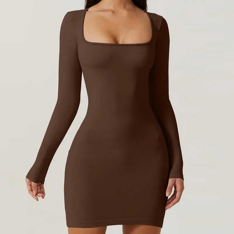 Wpnaks Frauen Bodycon Kleid Frühling Herbst Kleidung einfarbig sexy Langarm quadratischen Hals schlanke Mini kleid Club Streetwear.