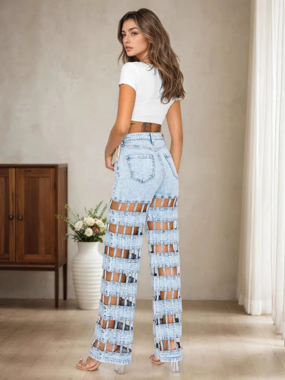 Holes Jean Hollow Out Jeans Women Straight Pants High Waist Vintage Ripped High Waist Zipper Fly Ankle Length Distressed.