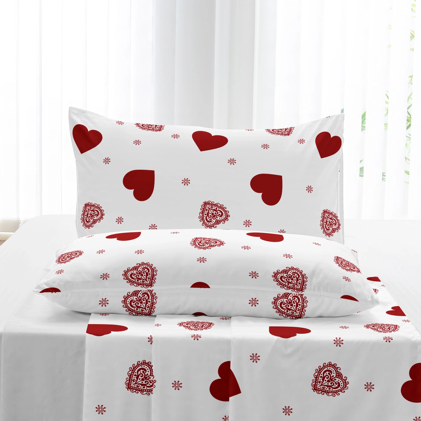 3pcs Valentine's Day Heart Print Bed Canopy Pillowcase Set Romantic Love Theme Red Heart Design Fitted Sheet Suitable for Girls.