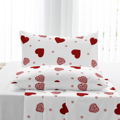 3pcs Valentine's Day Heart Print Bed Canopy Pillowcase Set Romantic Love Theme Red Heart Design Fitted Sheet Suitable for Girls.