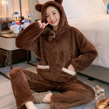 Verdickte warme Flanell Herbst und Winter Frauen Cartoon Plüsch mit Kapuze Bär Nachtwäsche Loungewear zweiteilige solide Nachtwäsche Homewe.