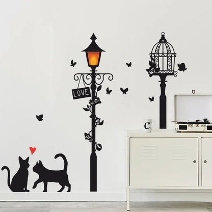 Cartoon Street Lamp Cat Wall Sticker Living Room Entrance Background Home Decoration Bedroom Decor Decal Self Adhesive Wallpaper.