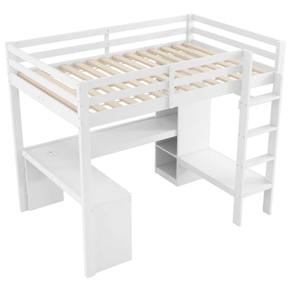 Modernes Kinder-Hochbett 140 x 200 mit Multifunktionsregalen, Unterbett-Schreibtisch, LED-Licht und USB, Kleiderschrank mit Stauraum, für Schlafzimmer