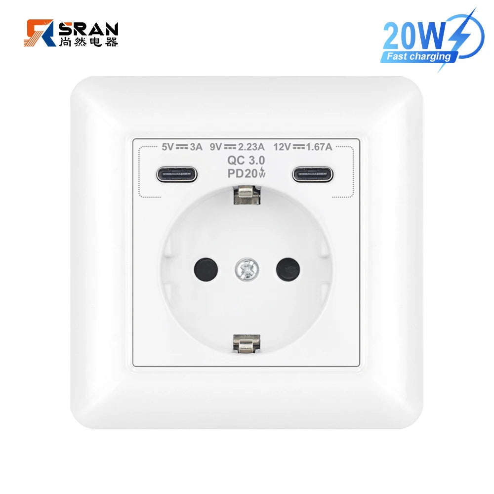SRAN USB-Wandsteckdose, 20 W, schnelles Laden und 5 V, 2 A, EU-Standard, 82 x 82 mm, flammhemmendes PC-Panel, USB-Typ-C-Kombination.