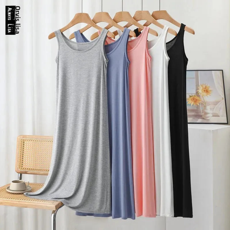 Plus Size Modal Langes Kleid Damen Frühling Sommer Lose A-Linie Bodenrock Home Nachtwäsche Ärmelloses Kleid in reiner Farbe.