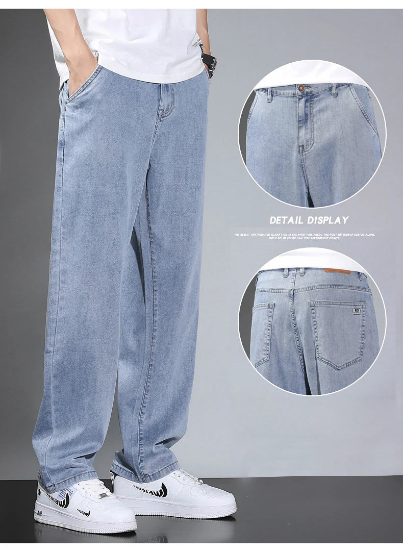 Summer Thin Men's Straight Loose Gray Jeans Soft Fabric Lyocell Fabric Light Colored Casual Pants Male Brand Trousers.