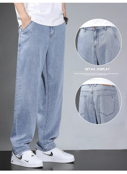 Summer Thin Men's Straight Loose Gray Jeans Soft Fabric Lyocell Fabric Light Colored Casual Pants Male Brand Trousers.