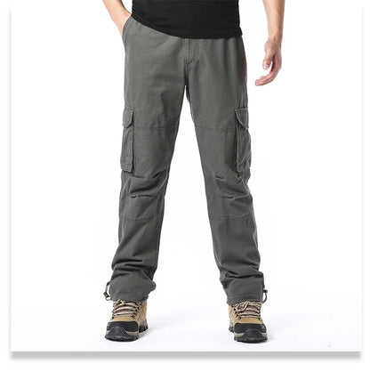 Large Pocket Loose Overalls Men's Outdoor Sports Jogging Tactical Pants Elastic Waist Pure Cotton Casual Work Pants.