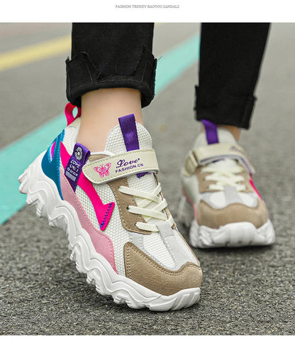 Fashion Children Shoes Girls Sneaker Black Pink PU Leather Platform Casual Sneaker School Tennis Sports Shoes for Girls.