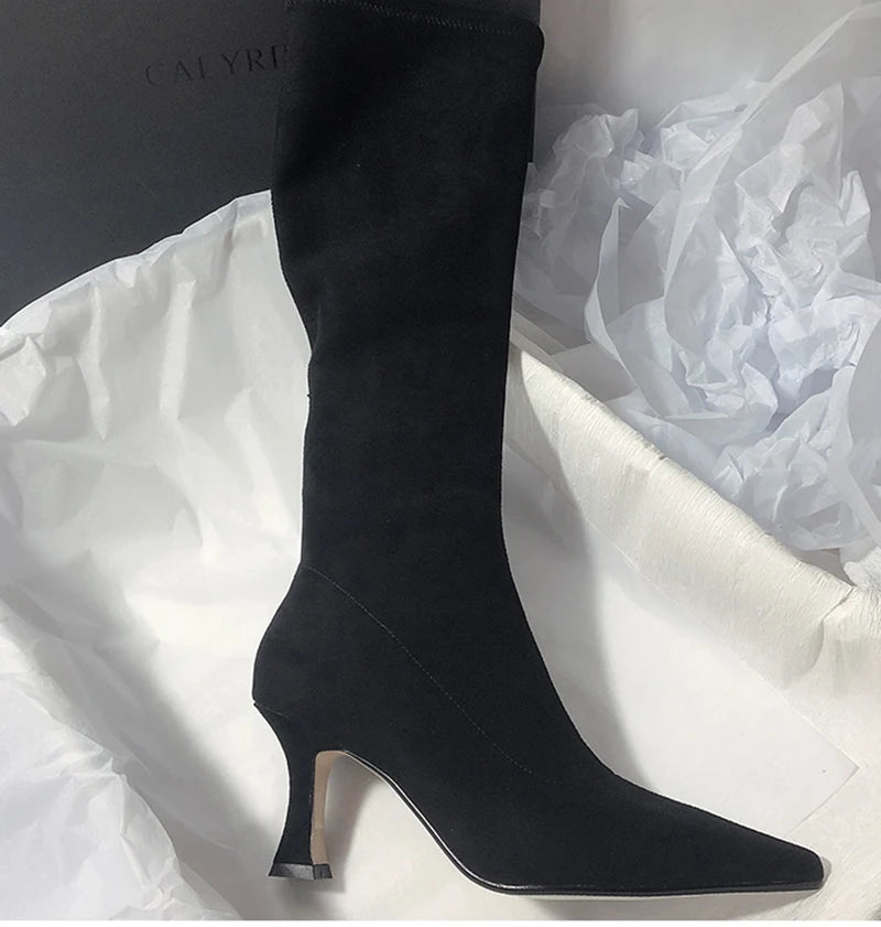 Women Stretch Modern Long Boots Fashion Pointed Toe Knee High Booties Designer High Heels Shoes.