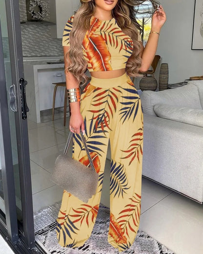 Women Print Pant Sets Two Piece Suit Round Neck Short Sleeve Tops Vests Wide Leg Trousers High Waist Pant Matching Sets Summer.