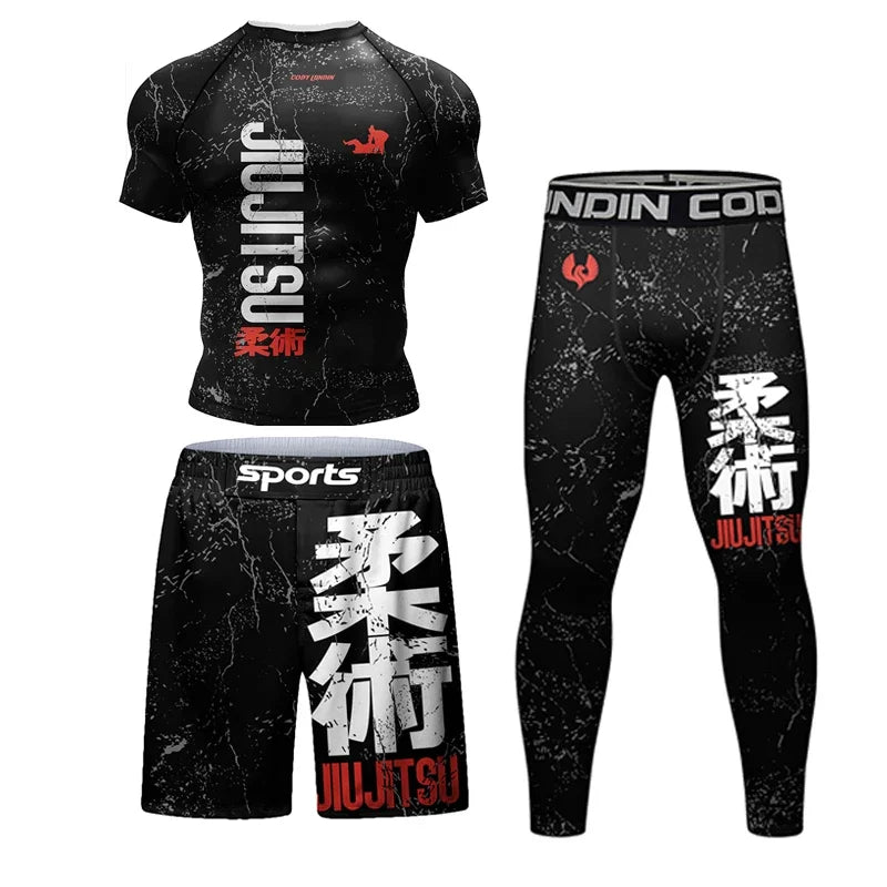 New Jiu Jitsu Rashguard MMA T-shirt +Pants For Men 4PCS/Set Brazilian Grappling Bjj Boxing Rash Guard Sport Clothing Gym Shorts.