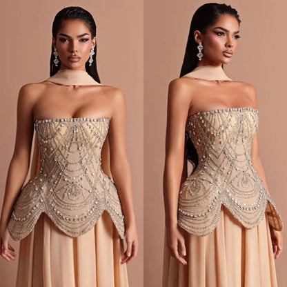 Maßgeschneidertes, modisches, trägerloses, ärmelloses Abendkleid, hochwertige Chiffon-Abschlussballkleider, zarte Kristalle, Kleider für besondere Anlässe.