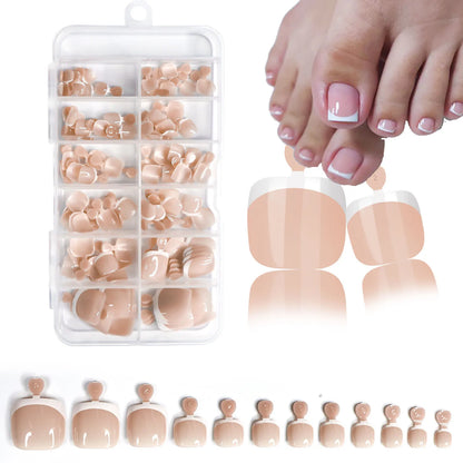 120Pcs Glossy Nude Pink French Press-On-Toenail Set 1*Box Short French Square  Fake Toe Nails Solid-Color Manicure Toenails Tips