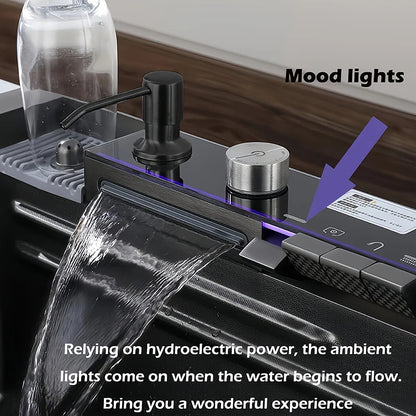 Modern Luxury Smart Kitchen Sink – Pull-Out Faucet with 3 Spray Modes, Cup Washer, Soap Dispenser & LED Mood Lights