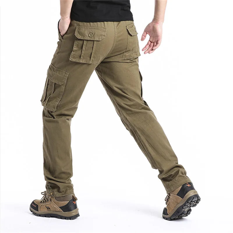 Large Pocket Loose Overalls Men's Outdoor Sports Jogging Tactical Pants Elastic Waist Pure Cotton Casual Work Pants.