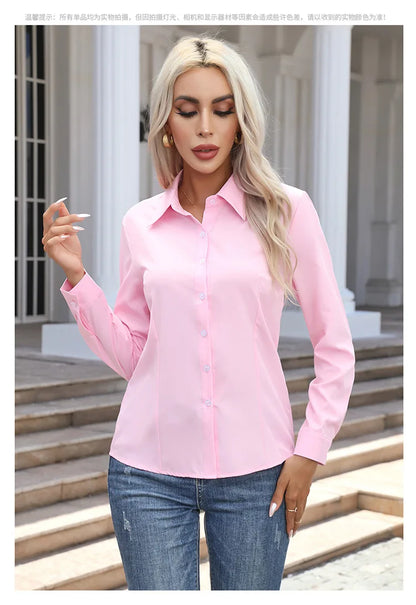 1pcs Woman Spring Autumn Solid color Shirts Lady Casual Long Sleeve Turn-down Collar Loose Shirt Female Fashion Temperament Tops.