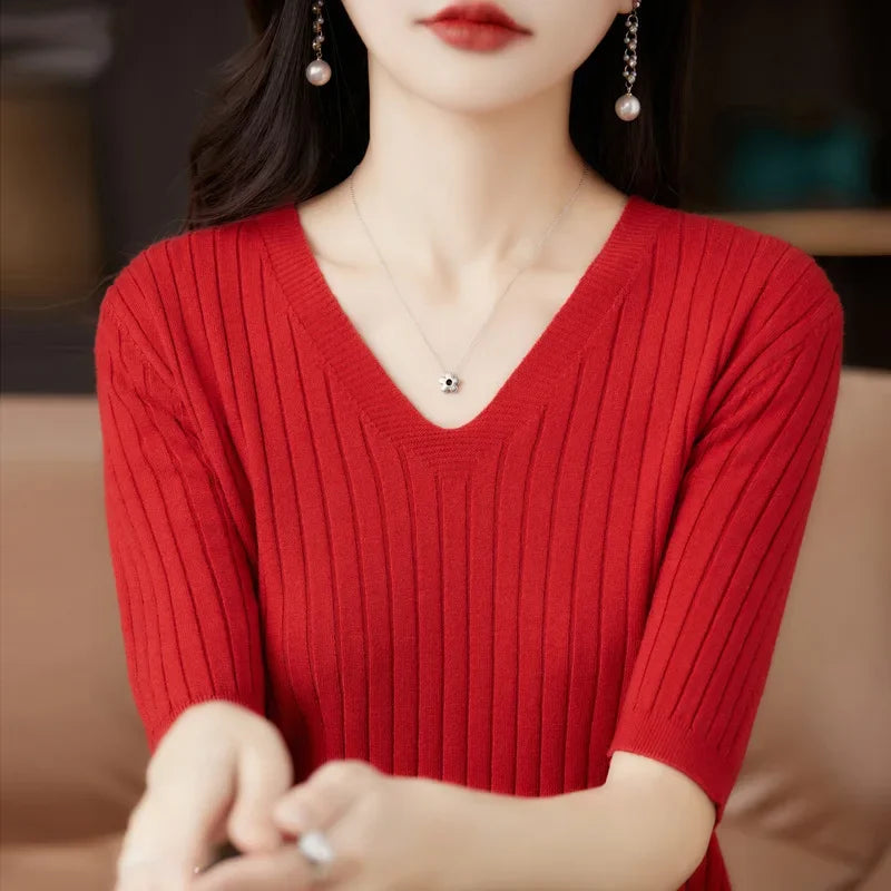 Frauen Pullover Kurzarm V-ausschnitt Streifen Strickwaren Slim Fit Hemd Koreanische Mode Pullover Dünne Stricken Tops 2025, Bodenbildung Shirts