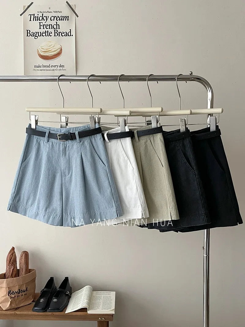 Beiyingni Korean Women High Waist Shorts With Belt Elegant Cotton Linen Casual Slim Female Shorts White Street Short Cargo Pants.