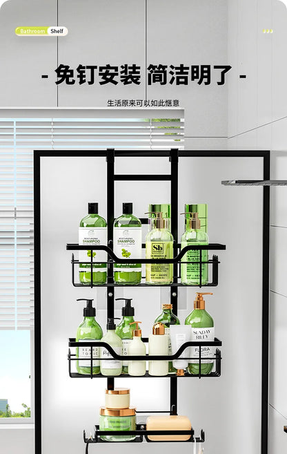 Bohrfreies Badezimmerregal über der Tür, hängender Organizer, wandmontiertes Korbregal, mehrschichtiges Duschraum-Aufbewahrungsregal für Toilette