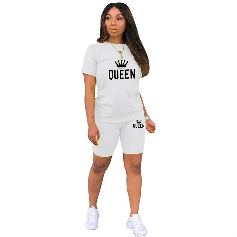 Sommer-Damen-Trainingsanzug, Queen-Druck, T-Shirt + Shorts, 2-teiliges Set, modische lässige Sportbekleidung, Kleidung, luxuriöser kurzer Jogging-Anzug.