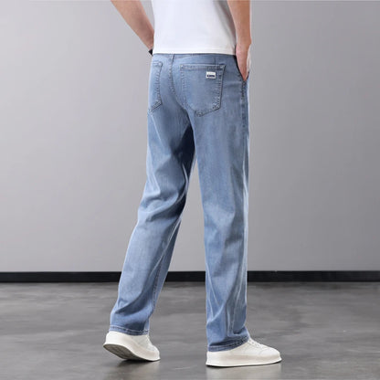 Summer Thin Men's Jeans Lyocell Fabric Soft Breathable Straight Denim Pants Brand Man Elastic Ice Silk Casual Trousers Grey Blue.