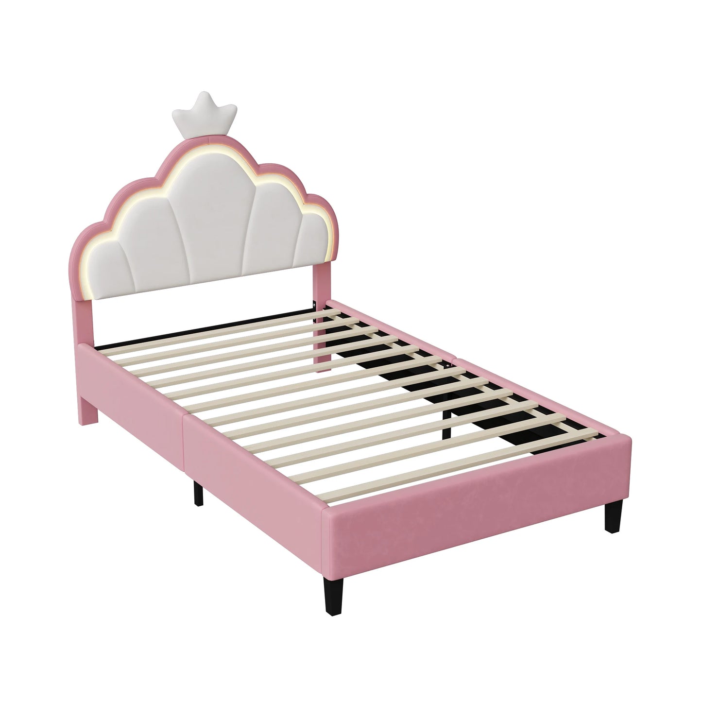 Lazyspace Samt-Polsterbett, LED-Kopfteil in Wolkenform mit dekorativer Krone, rosa Bettrahmen für Mädchen