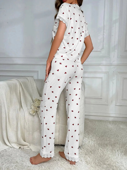 Damen-Pyjama-Set mit Spitzenbesatz, kurzärmliges Oberteil mit Knöpfen vorne und durchgehende Hose, Kirschdruck, 2-teilig, Nachtwäsche, Nachtwäsche, Homewear.