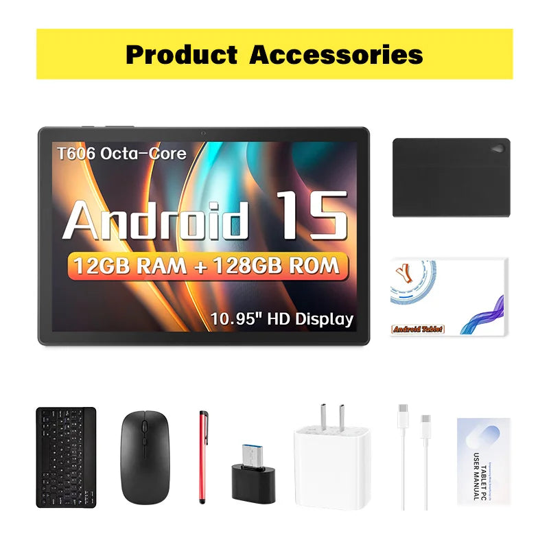 ANRY 10.95-inch HD Display Tablet Android 15 12GB RAM 128 ROM 2.4G/5G WiFi T606 Octa-Code 8000mAh Android Tablets with Case.